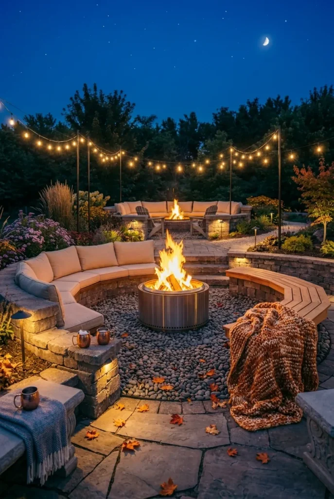 cozy sunken fire pit seating area with blankets and mugs in fall