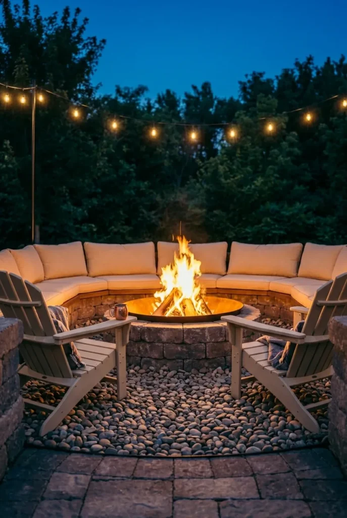 sunken fire pit with built-in benches and Adirondack chairs glowing