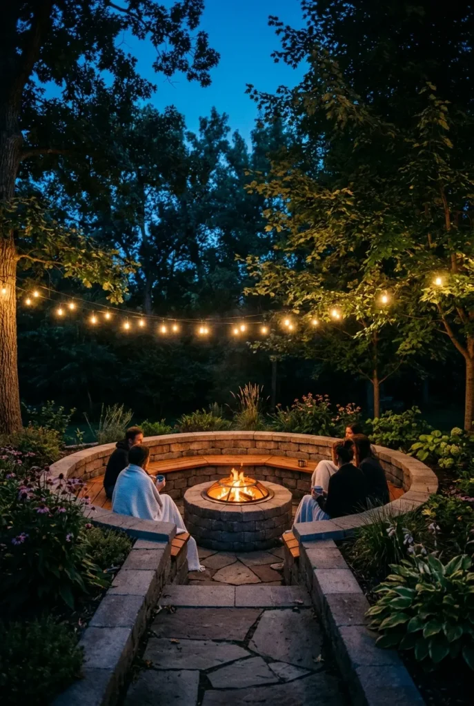 sunken fire pit seating area with stone benches glowing at dusk