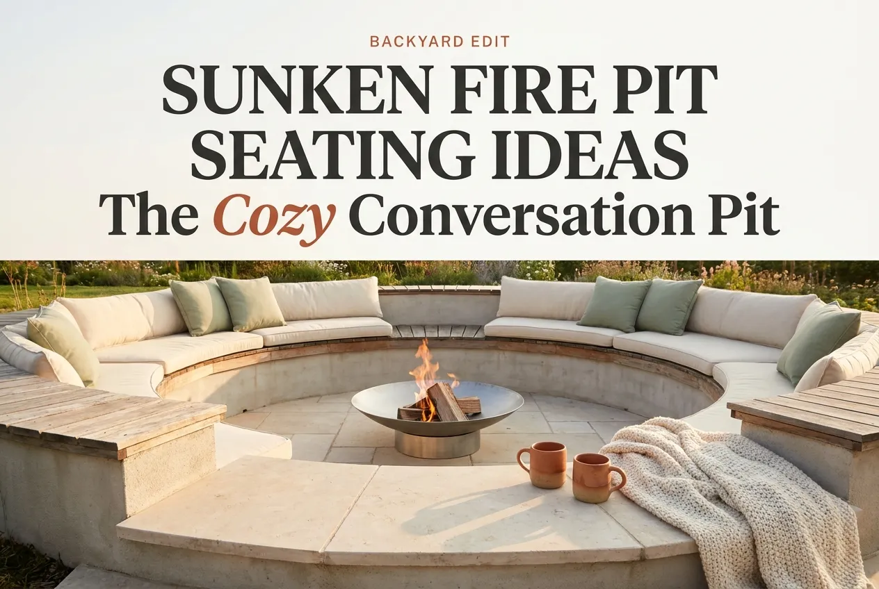 Sunken fire pit seating area with cozy cedar benches and warm fire at golden hour