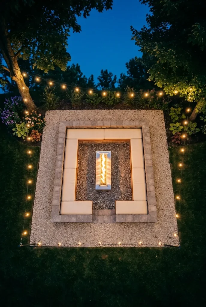 overhead view of square sunken fire pit seating with cedar bench caps