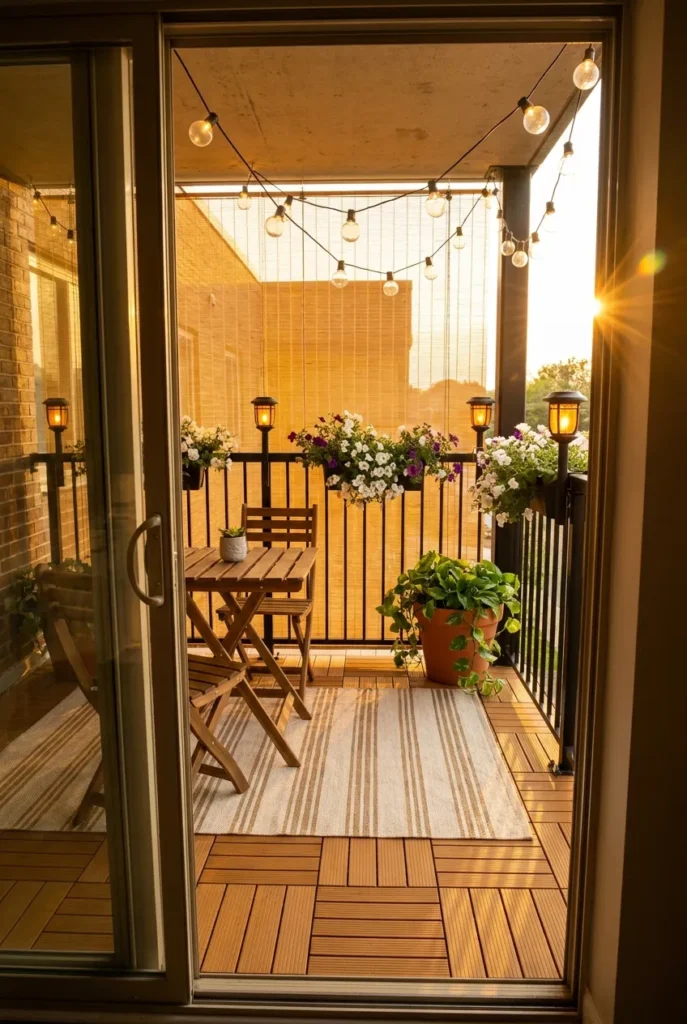 Cozy tiny balcony makeover after with bistro set rug railing planters string lights and solar lanterns at golden hour