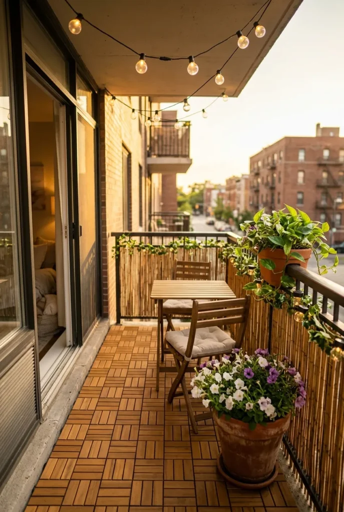 Cozy tiny balcony makeover after photo with bistro set deck tiles railing plants and string lights