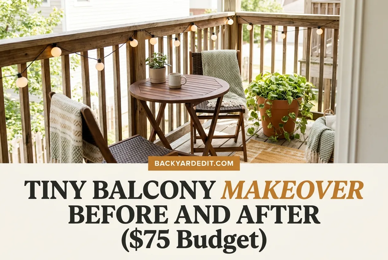 Tiny balcony makeover before and after Pinterest pin with bistro set string lights and railing plants under $75