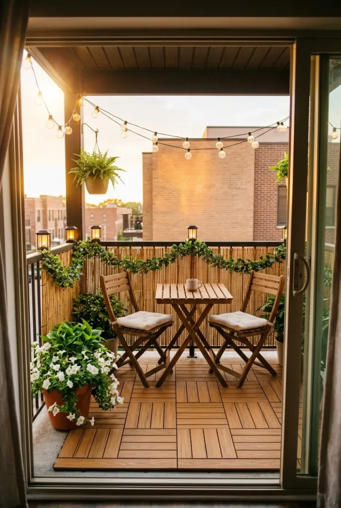 Tiny balcony makeover before and after with deck tiles bistro set string lights and plants on apartment balcony