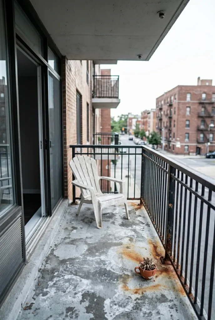 Before photo of a bare tiny apartment balcony with stained concrete floor and empty railing before makeover