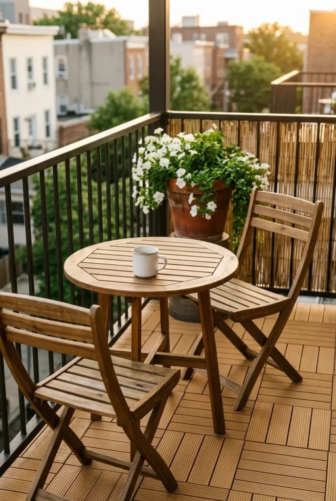 IKEA Bondholmen acacia bistro set on tiny balcony with deck tiles terracotta pot and bamboo privacy shade