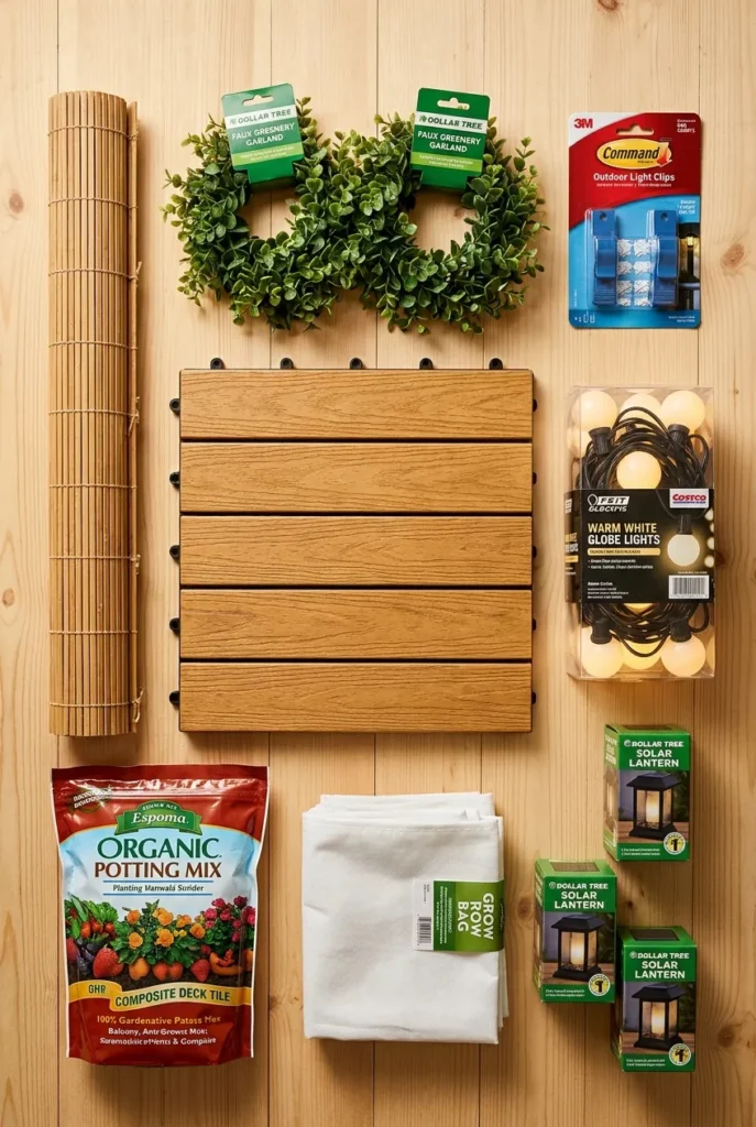 Overhead flat-lay of all products in $75 tiny balcony makeover including deck tiles string lights grow bags and solar lanterns