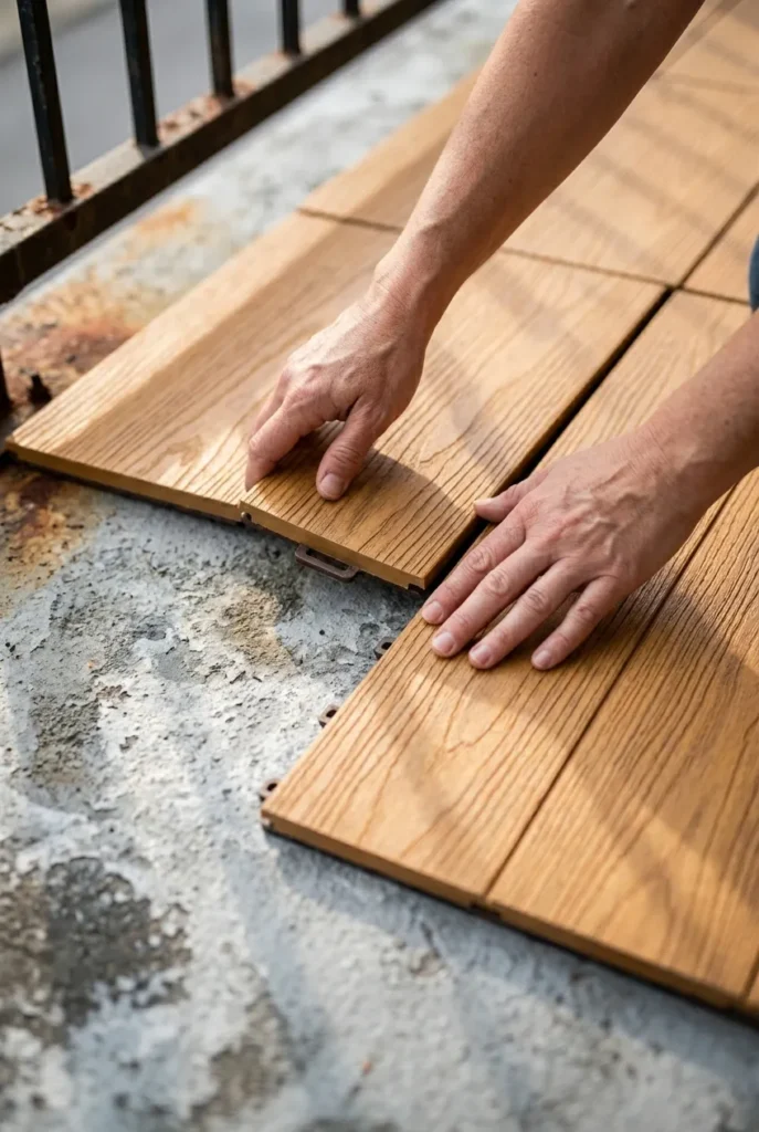 Interlocking composite deck tiles being snapped into place on apartment balcony concrete during tiny balcony makeover