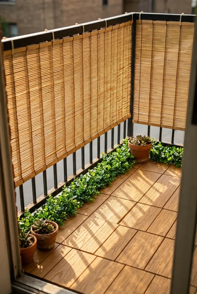 No-drill bamboo privacy shade with faux greenery garland attached to apartment balcony railing for tiny balcony makeover