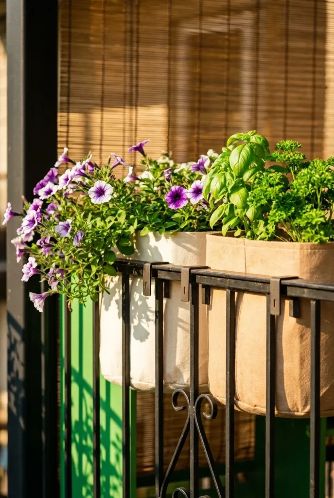 Fabric grow bags in railing planter brackets with trailing petunias and basil on tiny apartment balcony