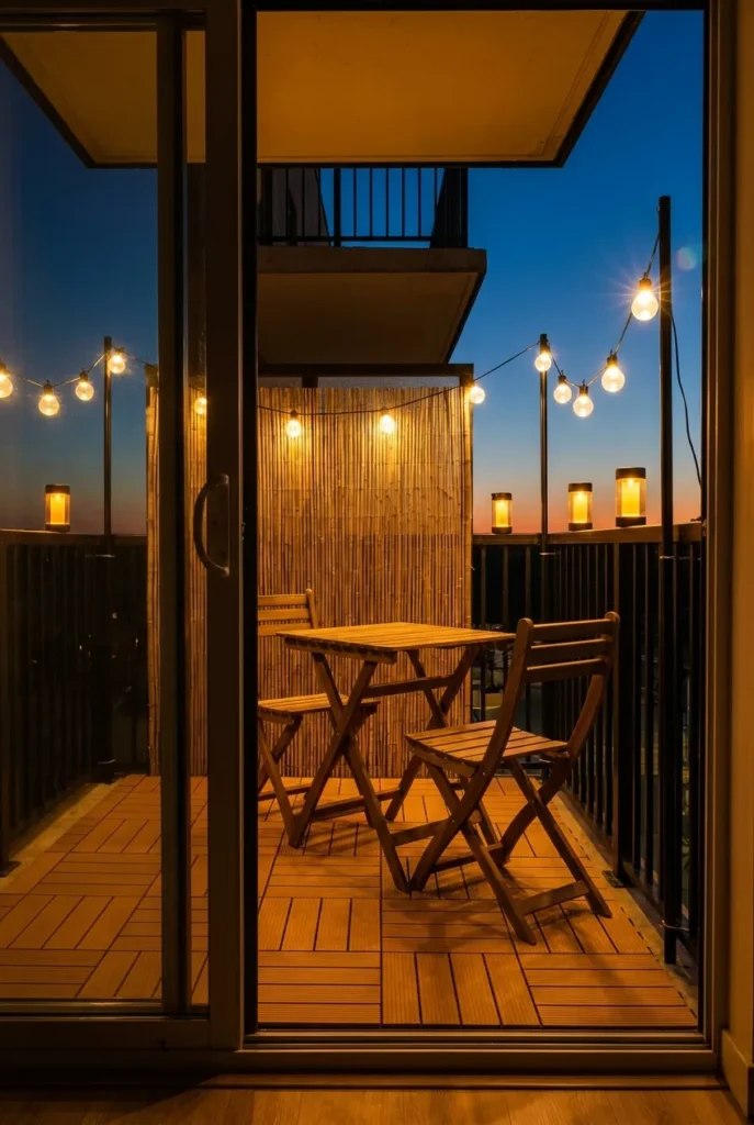 Warm white G40 string lights and Dollar Tree solar lanterns on tiny apartment balcony at dusk after makeover