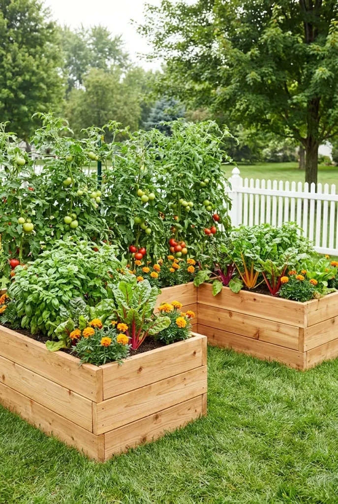 u shaped raised garden bed built from cedar boards filled with tomatoes basil and marigolds in a suburban backyard
