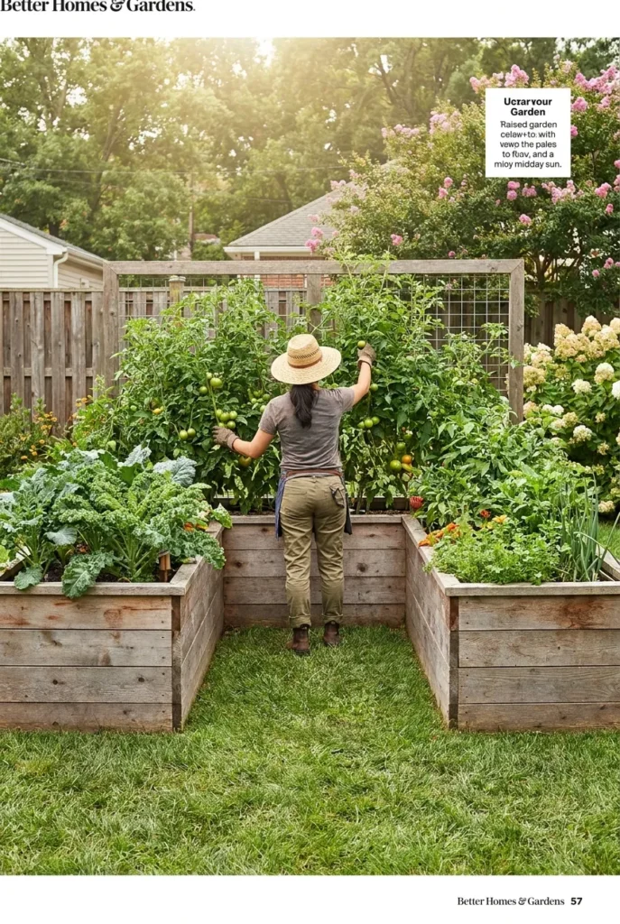 gardener standing in center aisle of a u shaped raised garden bed reaching all plants comfortably