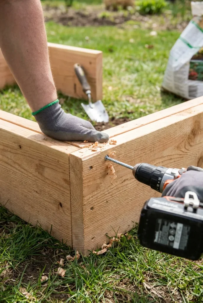 close up of hands building a diy u shaped raised garden bed corner joint with exterior screws and a cordless drill