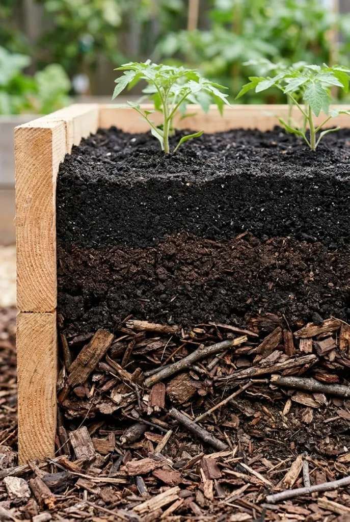 cross section of layered fill inside a raised garden bed showing wood chip compost and potting mix layers