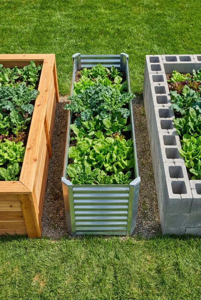 three u shaped raised garden beds compared overhead in cedar galvanized metal and cinder block with growing plants