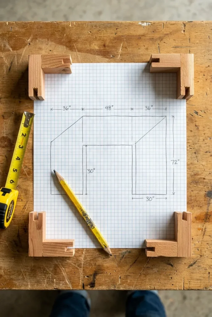 u shaped raised garden bed plans on graph paper with pencil measurements and carpenter tools on a wood table