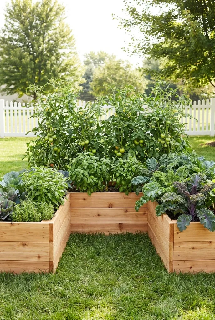 u shaped raised garden bed filled with tomatoes kale and basil in full summer growth on a green lawn