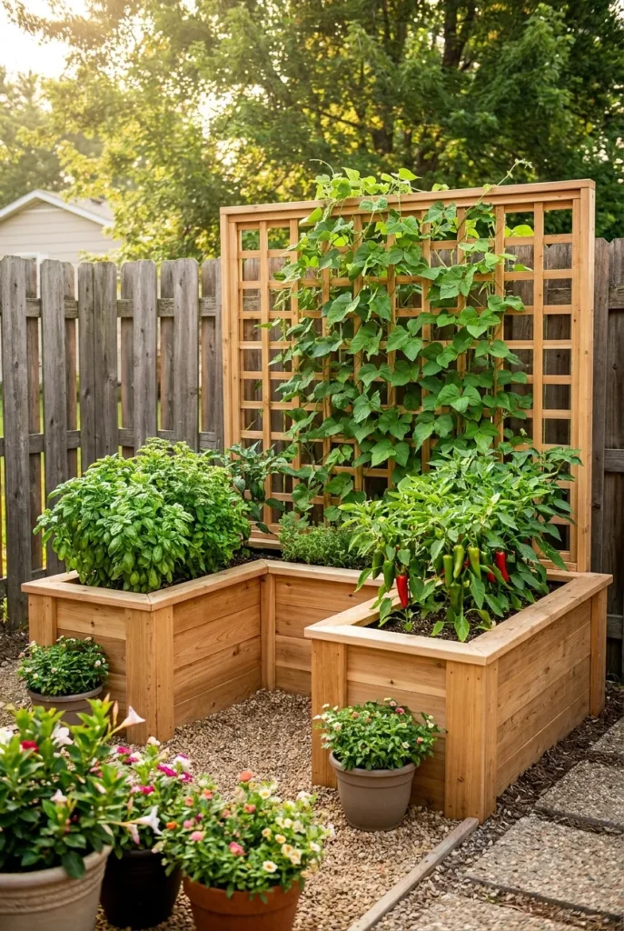 u shaped raised garden bed with privacy fence behind it and bean vines climbing a cedar lattice panel in a backyard