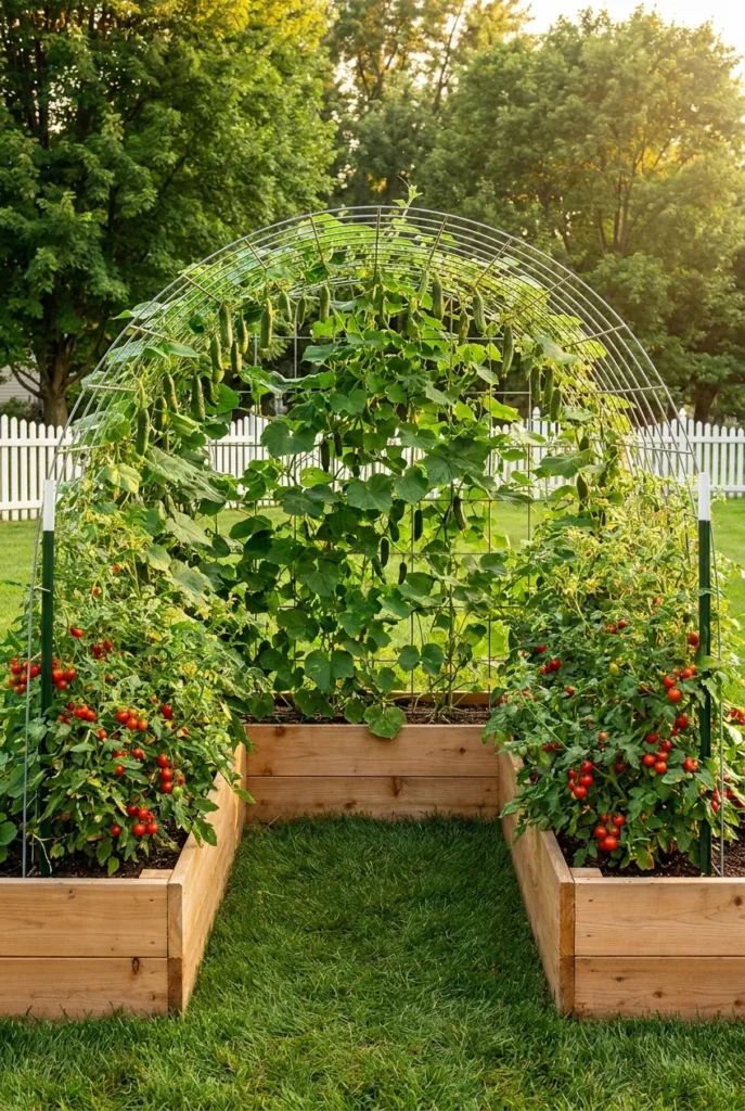 u shaped raised garden bed with cattle panel trellis arch over back panel with cucumbers and tomatoes in summer