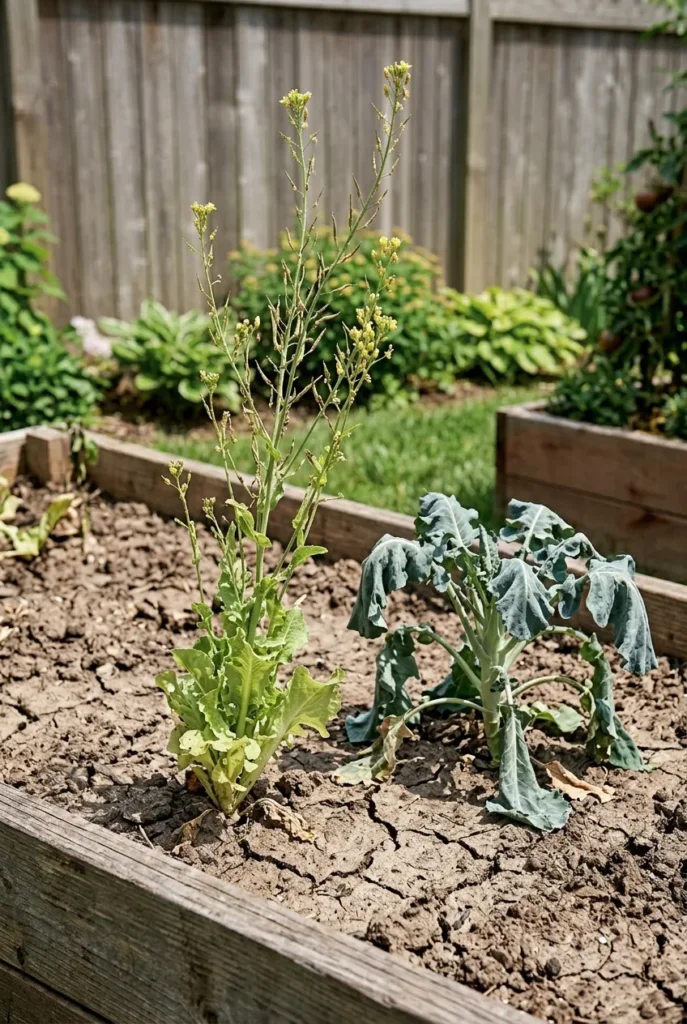 Bolted lettuce and wilted broccoli failing in a hot raised bed in July.