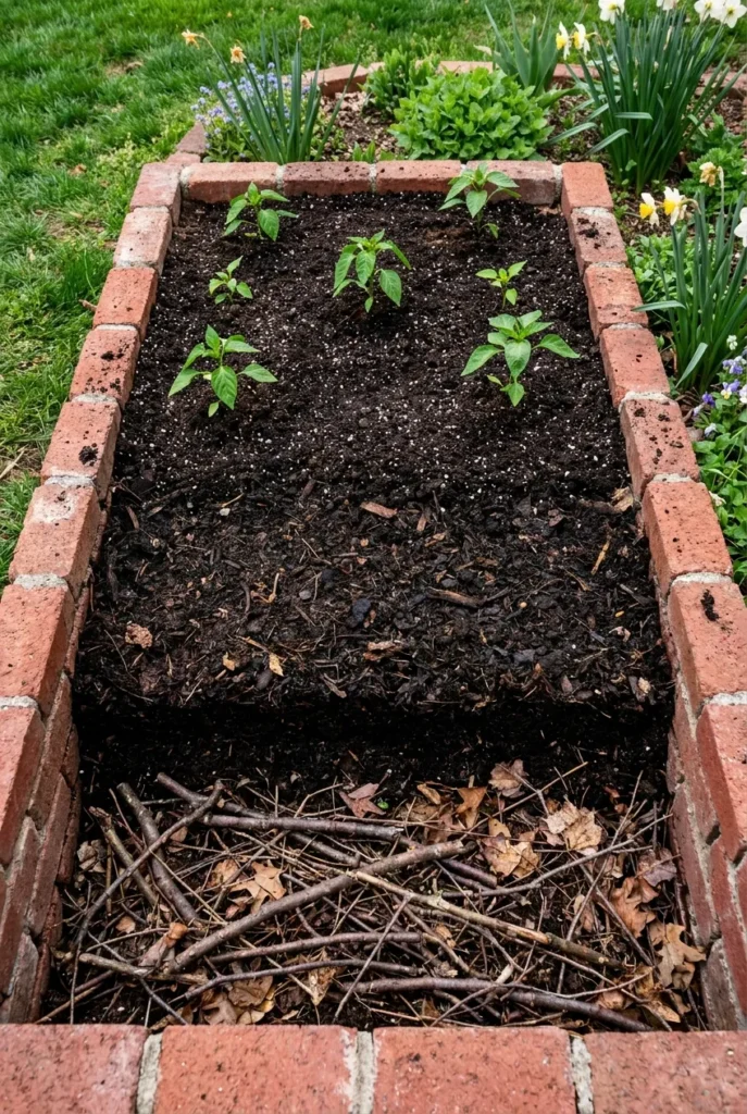 Layered fill inside a brick raised garden bed with branches compost and soil