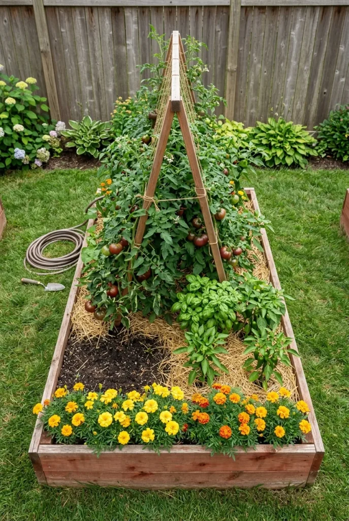 Lush 4x8 raised garden bed full of summer vegetables, herbs, and marigolds in July.