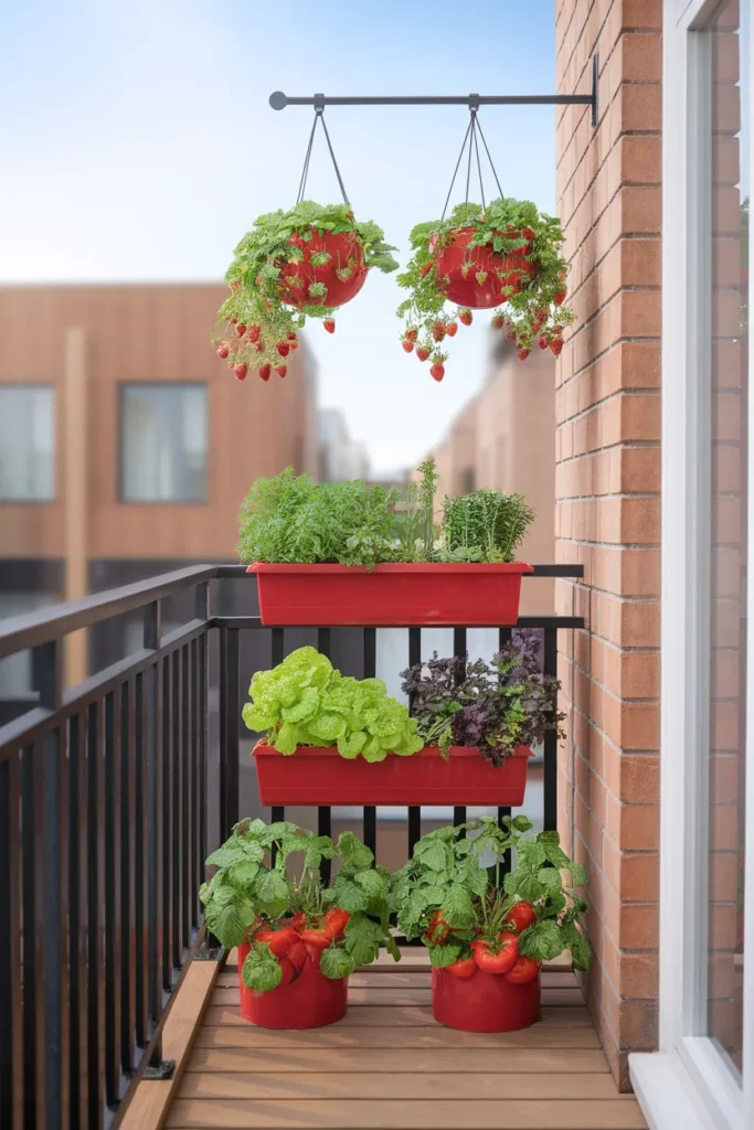 3-layer balcony vegetable garden setup with floor, railing, and hanging planters