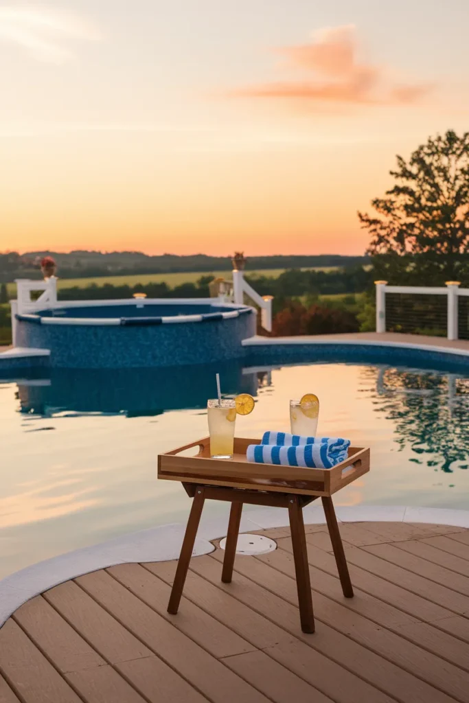 Above ground pool deck at sunset with lemonade tray and towels, calm end of season scene