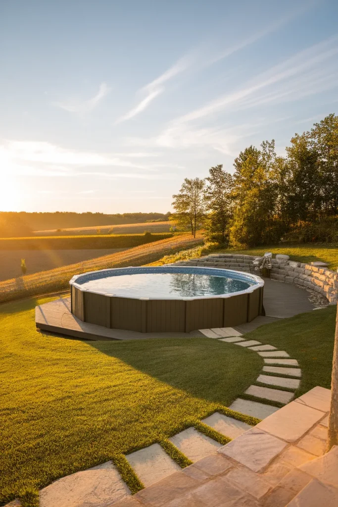 Above ground pool deck built into a sloped yard so the walkout side sits almost at grade