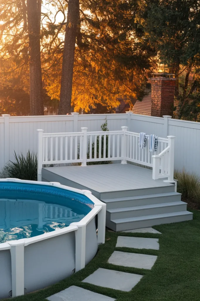 Above ground pool deck idea for small yards gray composite corner platform with gated stairs