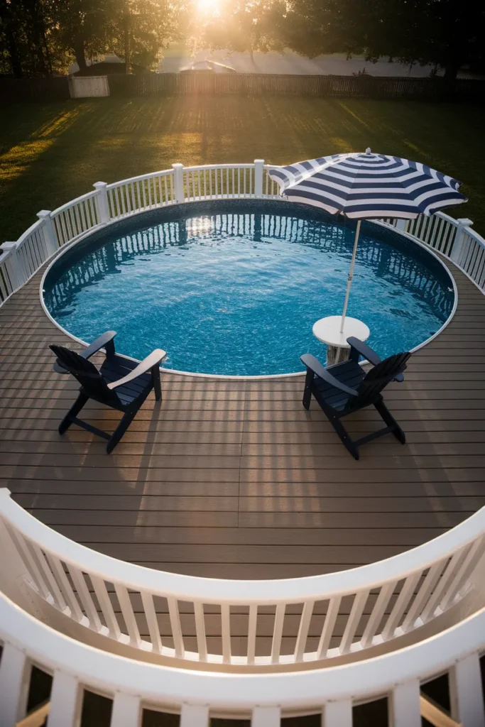 Above ground pool deck idea full wraparound sun deck with white railing and Adirondack chairs