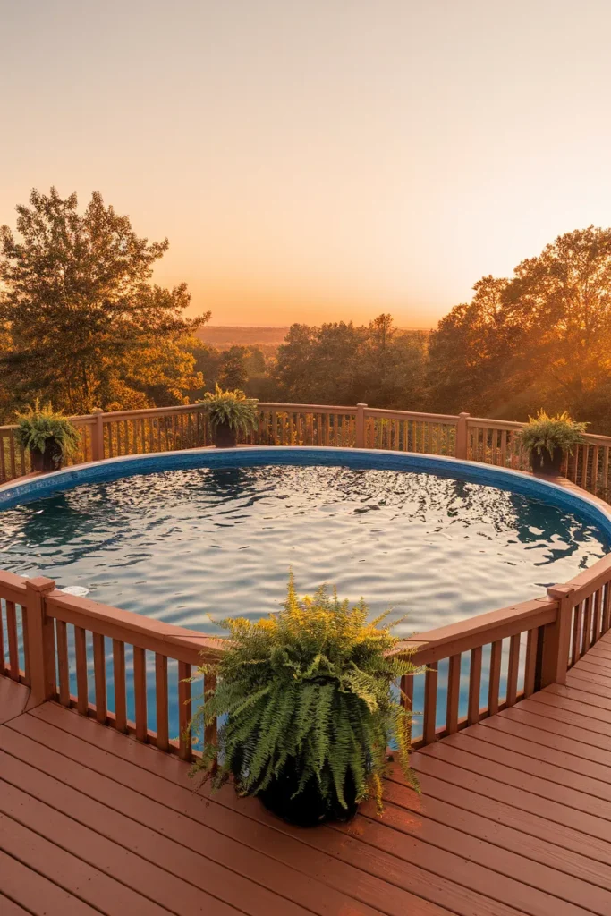 Above ground pool deck ideas hero full composite wraparound at golden hour that looks built in