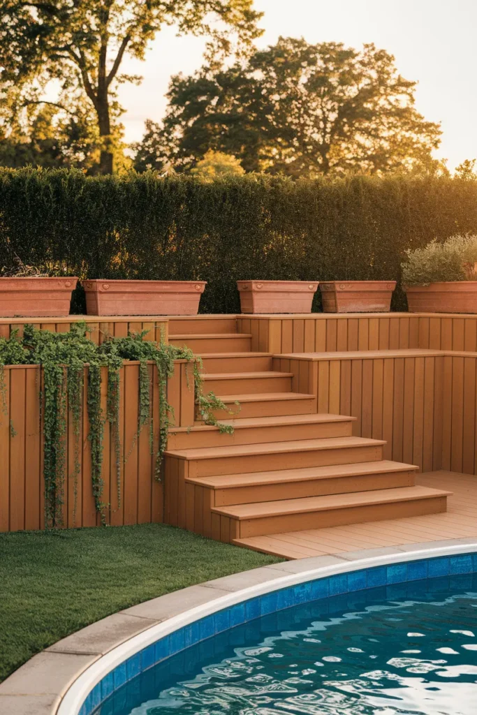 Above ground pool deck ideas two tier deck stepping down from pool coping to the lawn