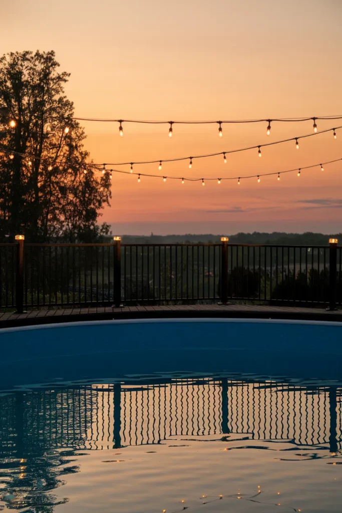 Above ground pool deck lighting idea with string lights glowing over the rail at golden hour