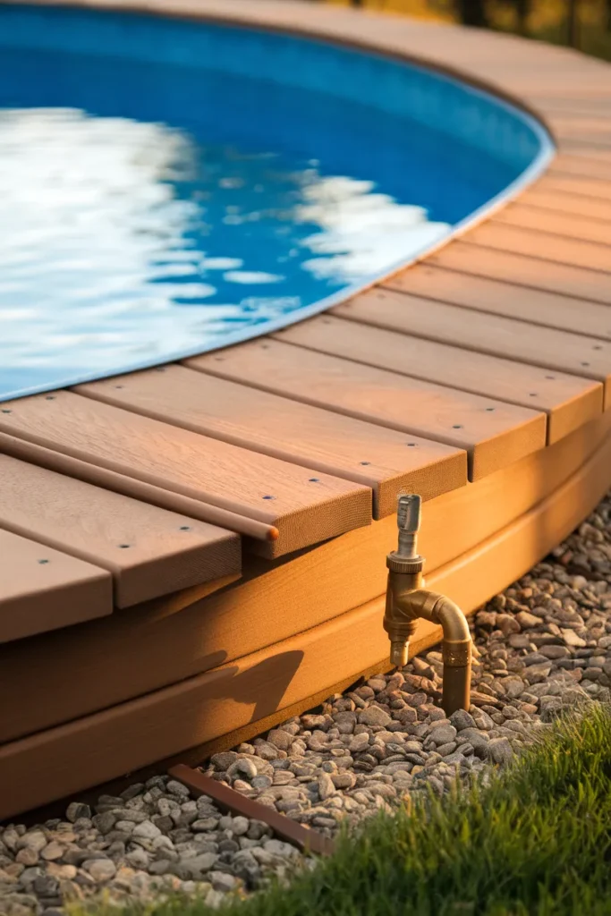 Above ground pool deck skirting detail, horizontal pine boards closing the under deck gap