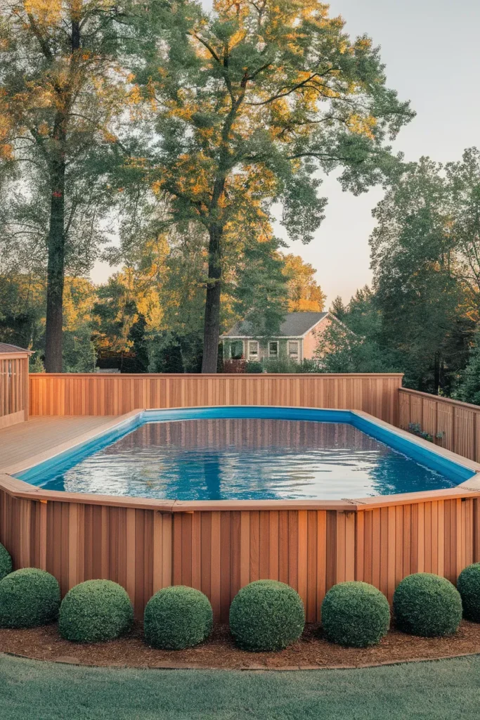 Above ground pool deck with board skirting and clad wall so the pool reads built in at golden hour