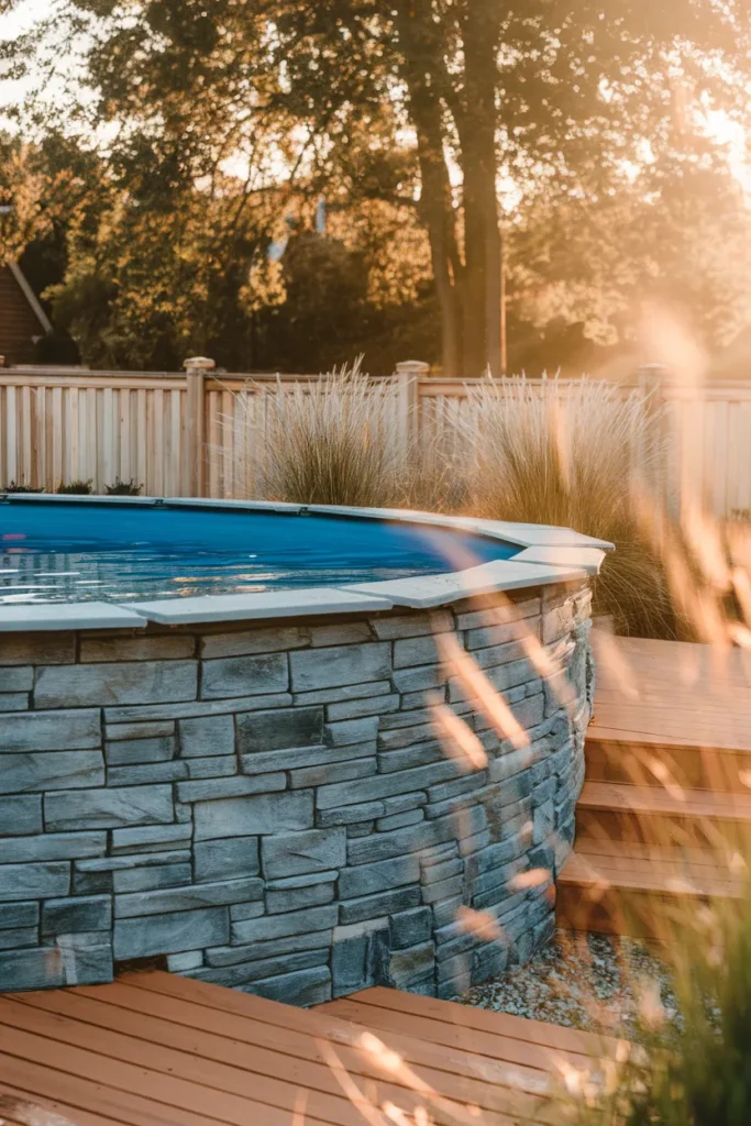 Above ground pool deck with stone veneer base wrapping the pool wall at golden hour