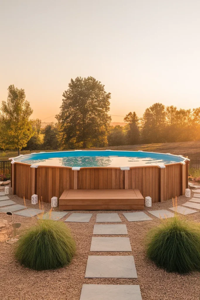 Above ground pool patio idea with cedar wrap deck, gravel surround, and solar lanterns at sunset