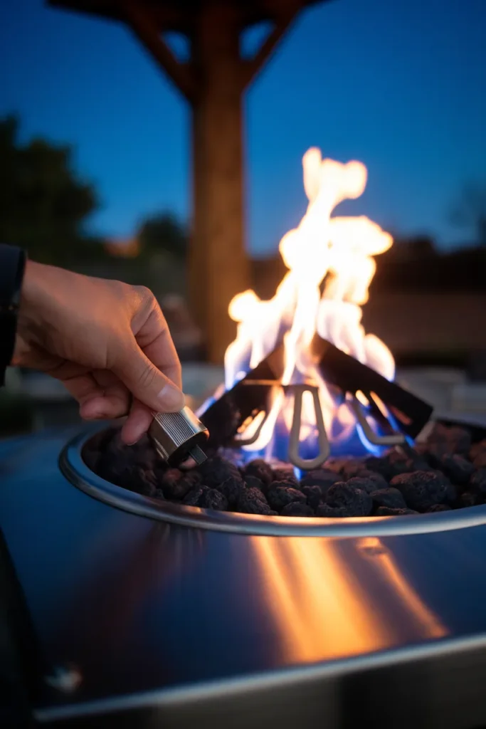 Adjusting a propane burner under a pergola for controlled flame height and safer clearance