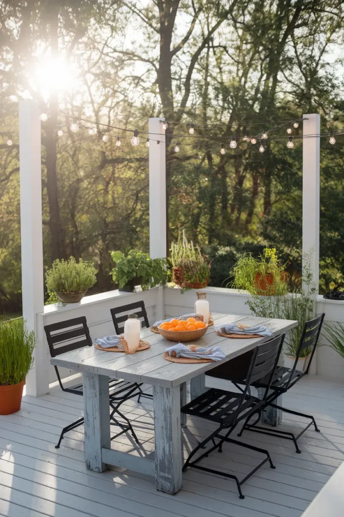 Al fresco dining floating deck with string lights and a table set for six