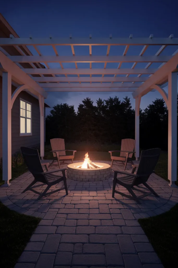 Backyard pergola with fire pit lit at dusk showing how the structure frames an outdoor room