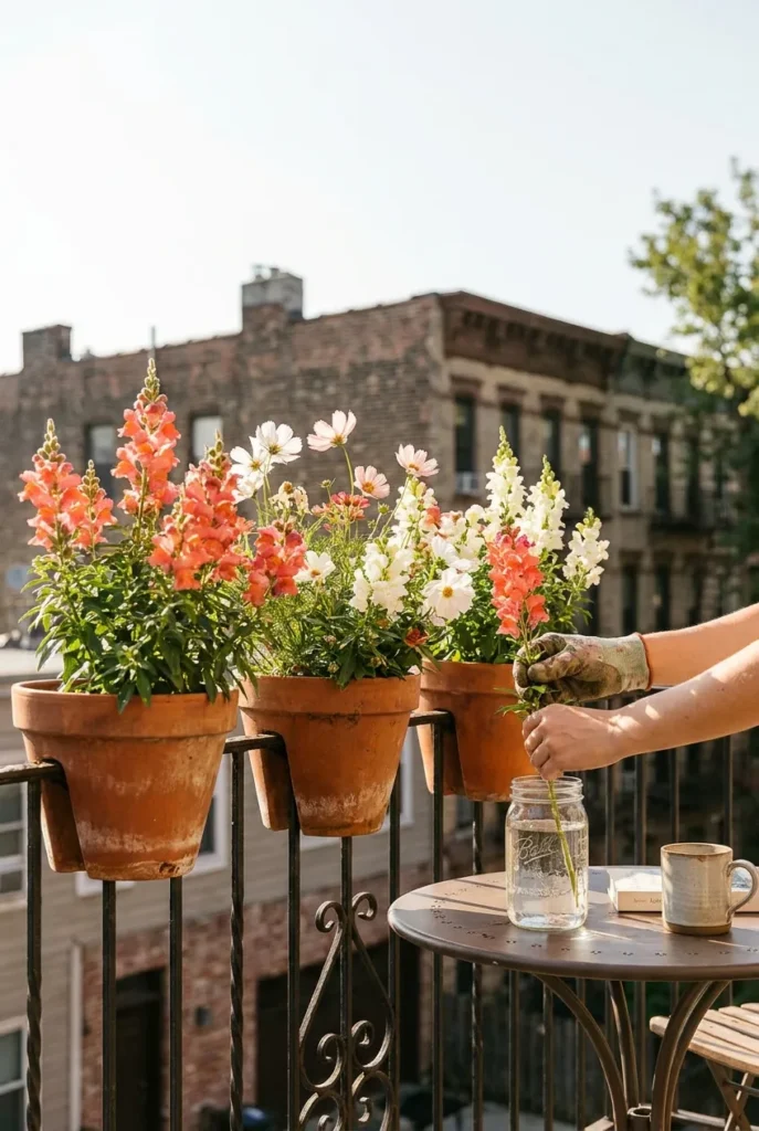 Balcony cut flower container garden with snapdragons and cosmos in terracotta pots