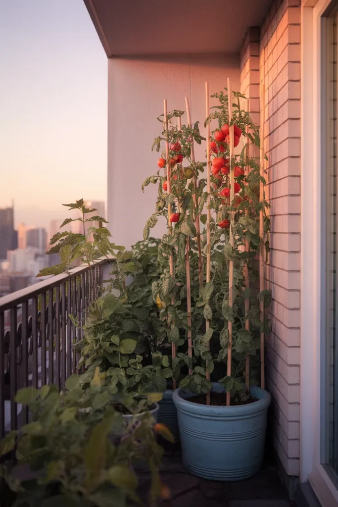 Balcony vegetable garden arranged for wind safety with staked tomatoes by the wall