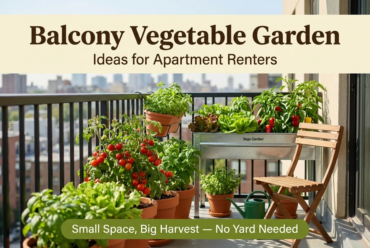 Balcony vegetable garden ideas for apartment renters with tomatoes and herbs in pots