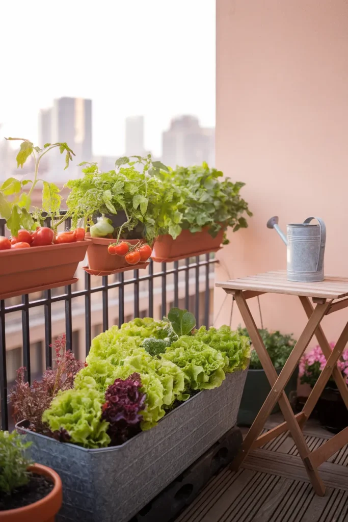 Balcony vegetable garden on an apartment balcony with tomatoes and greens in pots