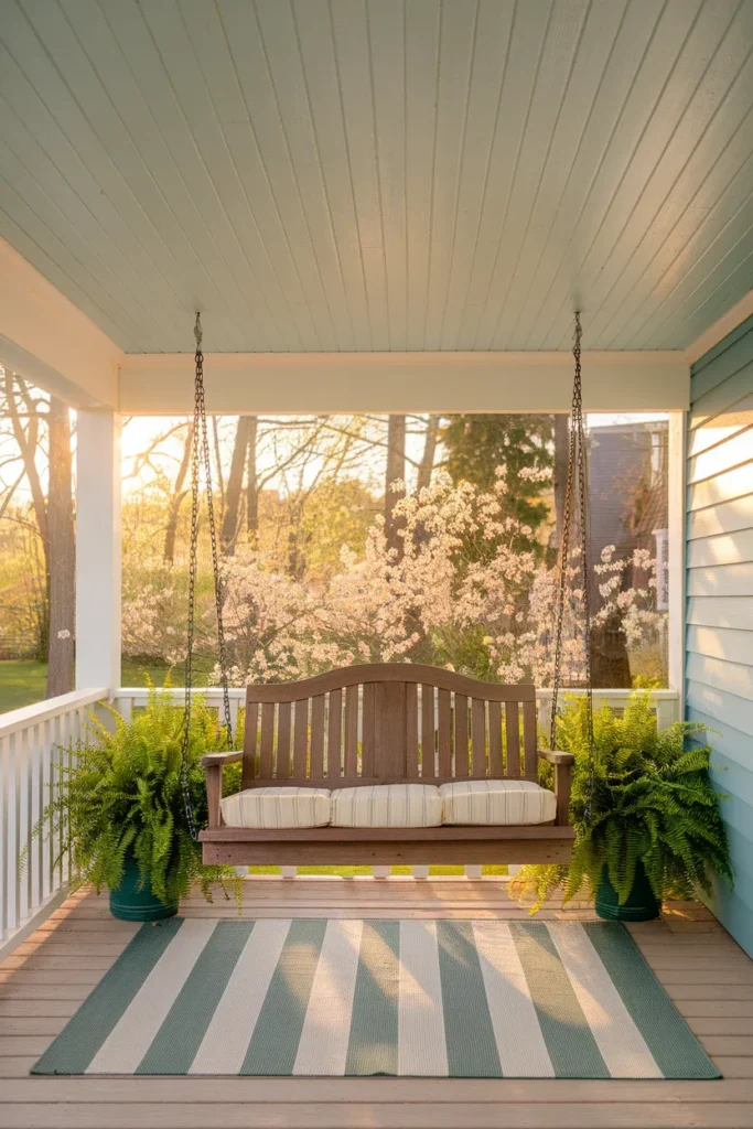 Beadboard under deck ceiling painted soft haint blue above a porch swing at golden hour