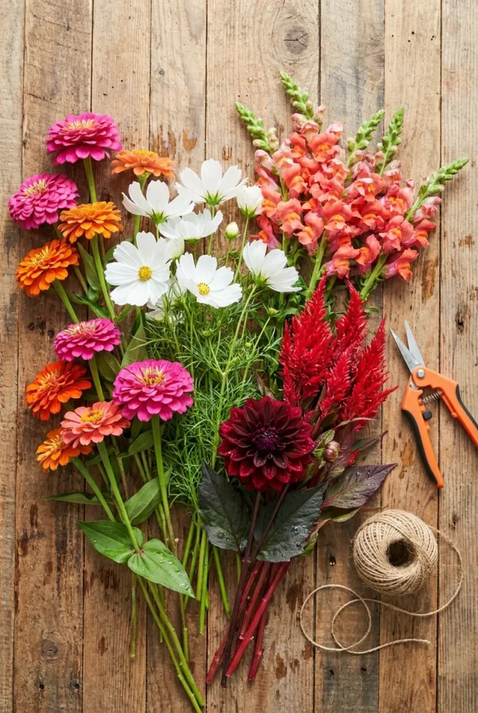 Best cut flowers for containers including zinnias cosmos and dahlias laid on wood
