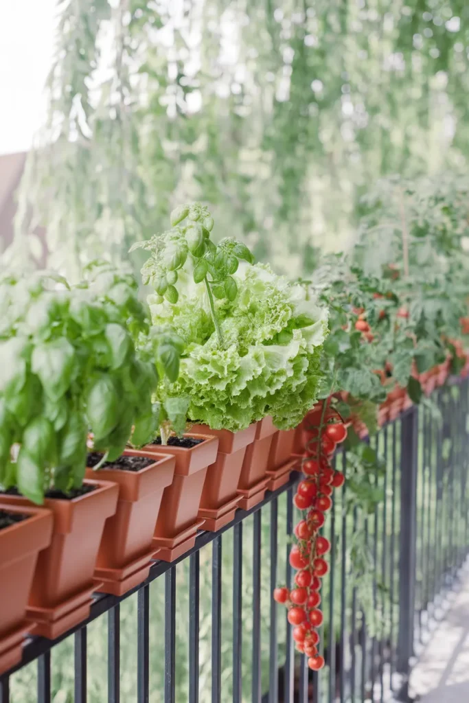 Best vegetables to grow on a balcony lined up in pots on a railing